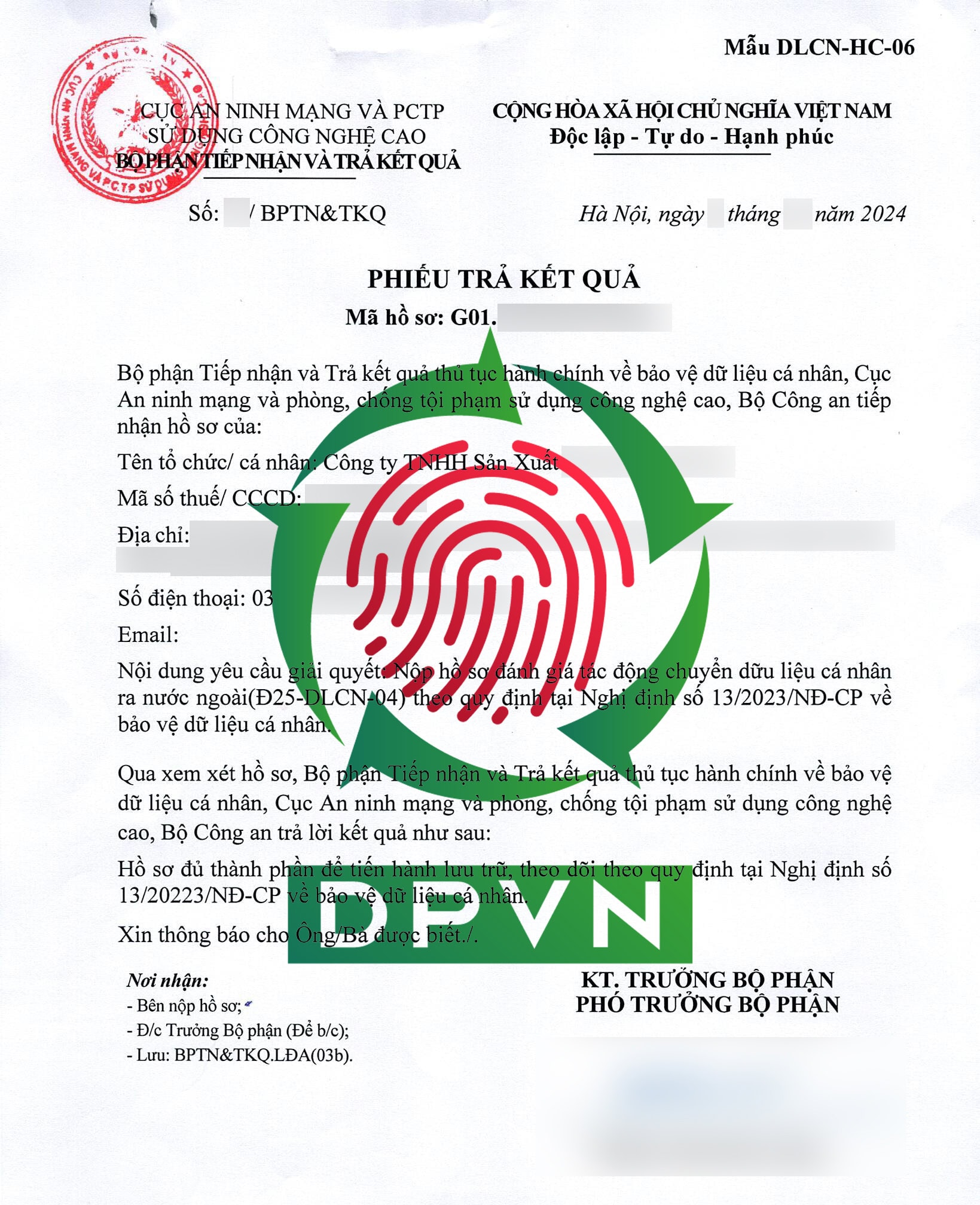 Phiếu trả kết quả hồ sơ đánh giá tác động chuyển dữ liệu cá nhân xuyên biên giới